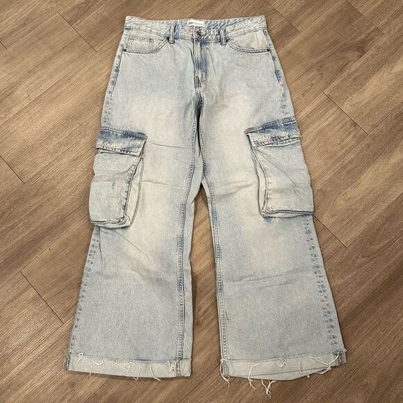 Zara TRF Mid Rise Cargo Baggy Loose Fit Light Tan Wide Leg Y2K Denim - Picture 8 of 8